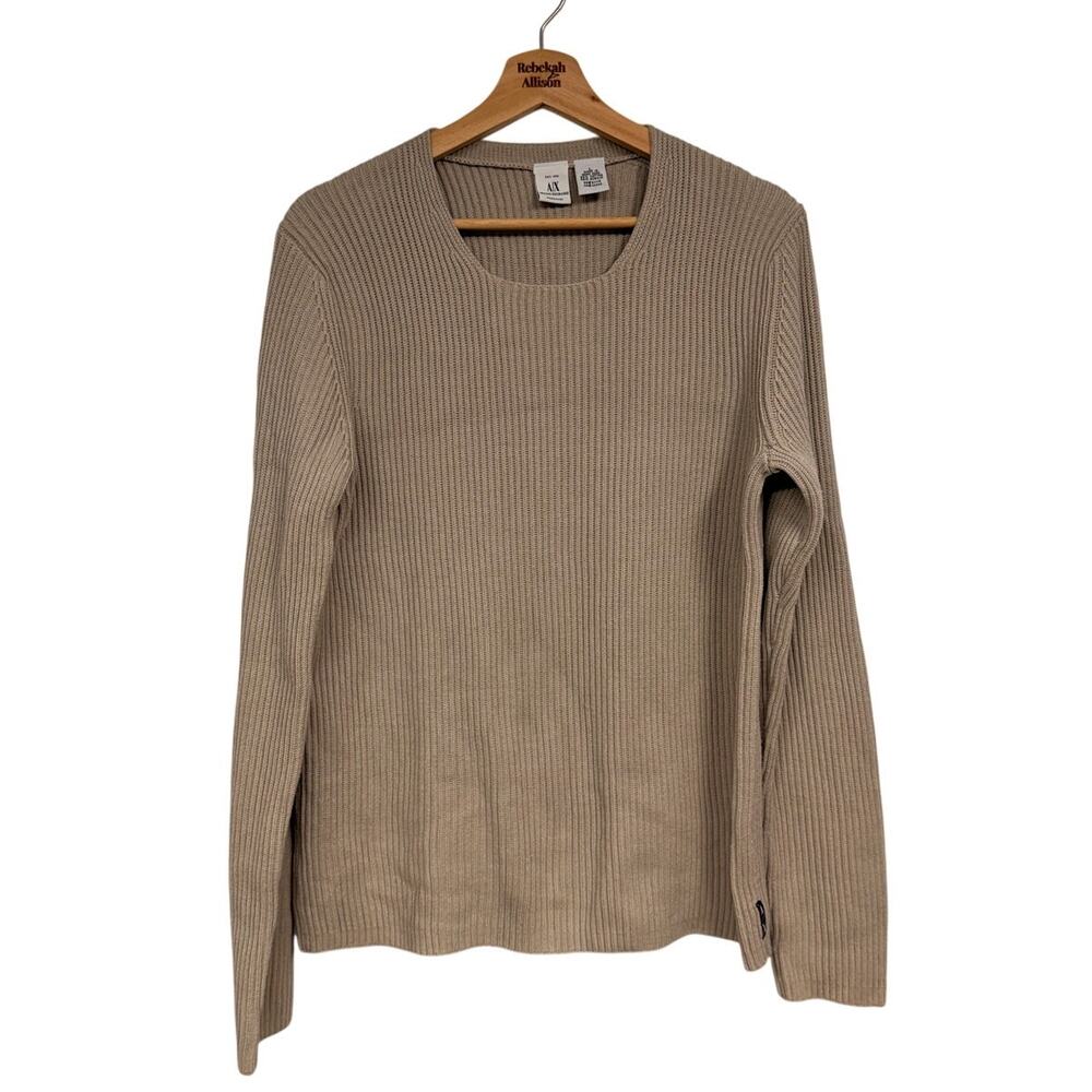 VTG Armani Exchange Knit Sweater SZ LARGE Taupe Square Neck Cotton Blend Luxury